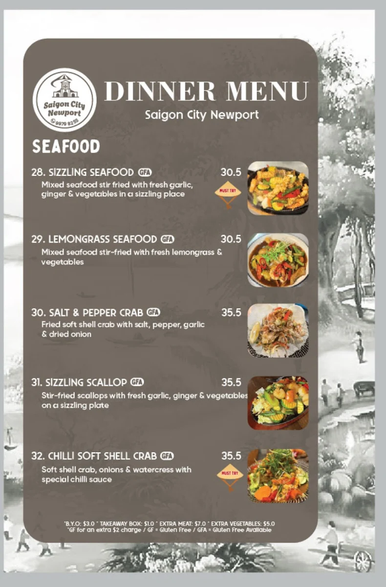 Menu, Saigon City Newport