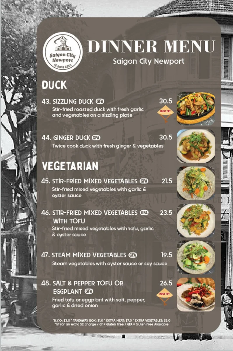 Menu, Saigon City Newport