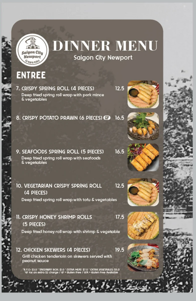 Menu, Saigon City Newport