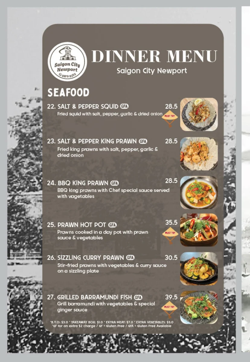 Menu, Saigon City Newport