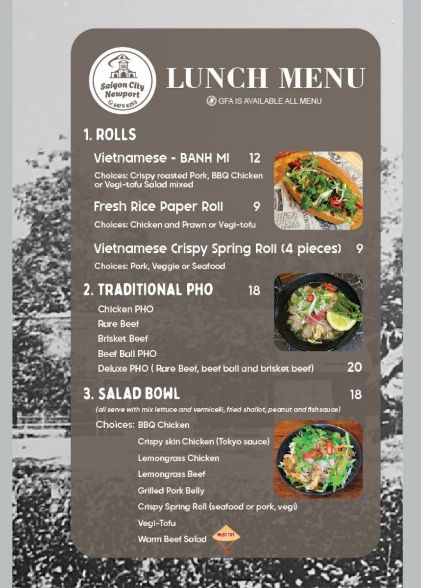 Menu, Saigon City Newport