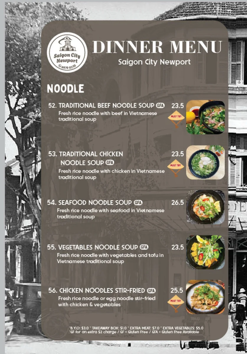Menu, Saigon City Newport
