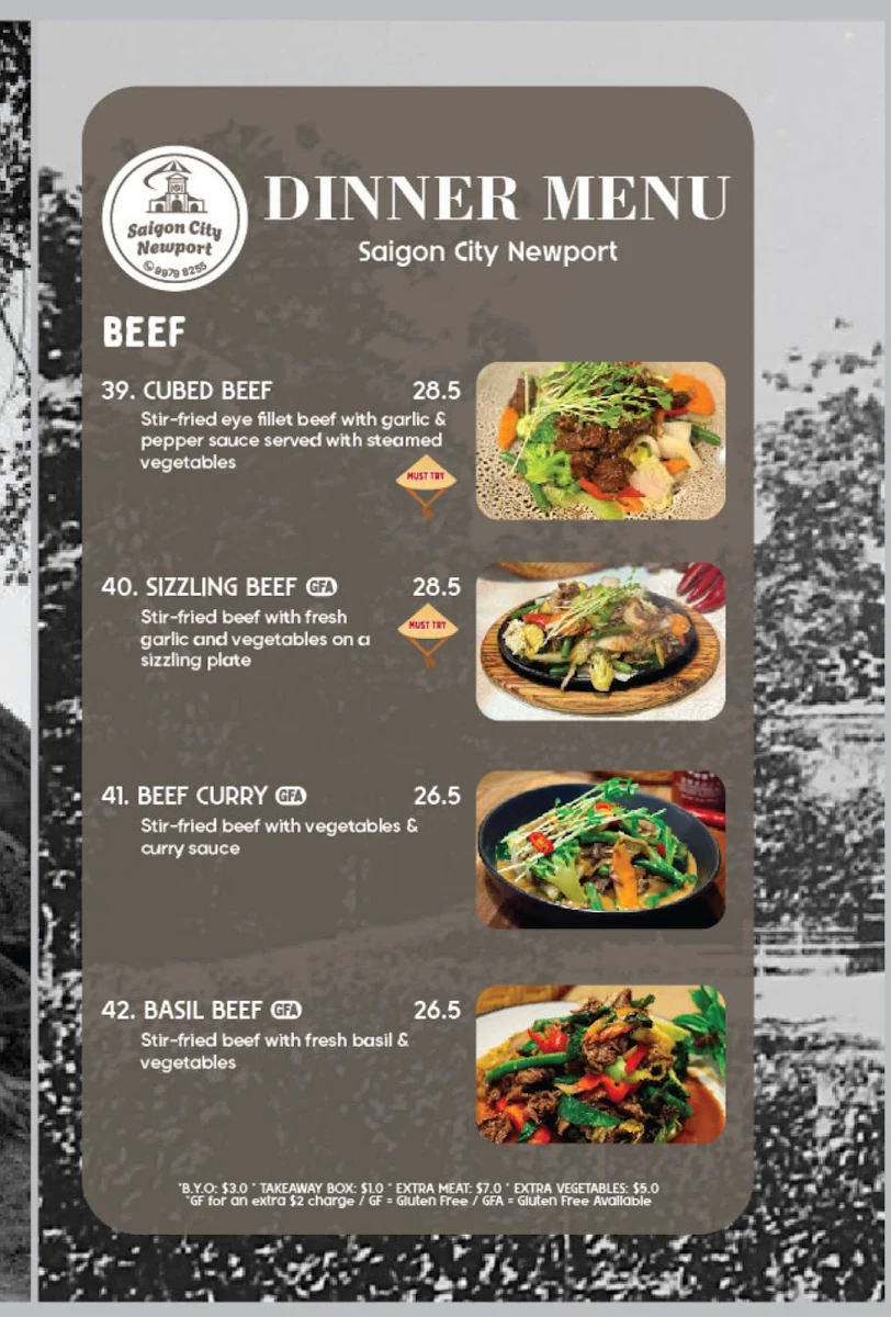 Menu, Saigon City Newport