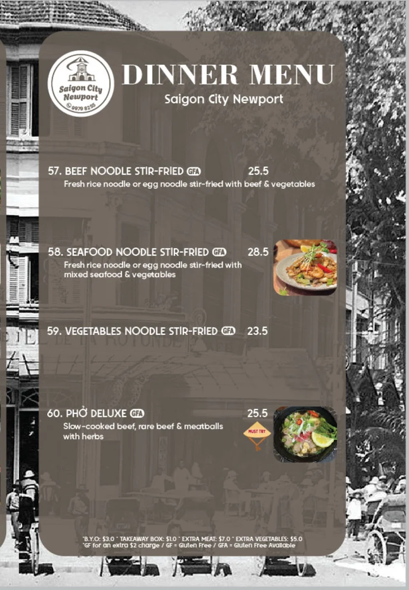 Menu, Saigon City Newport