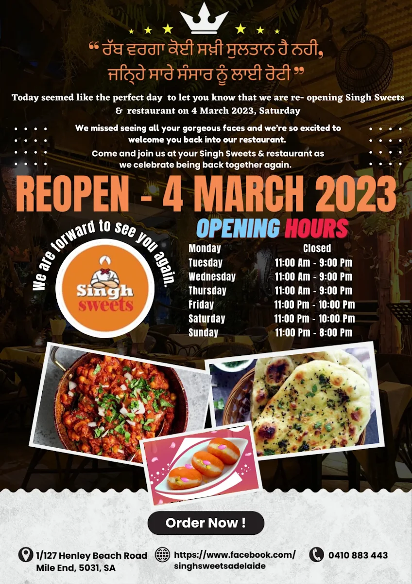 Menu, Singh Sweetz & Fast Food