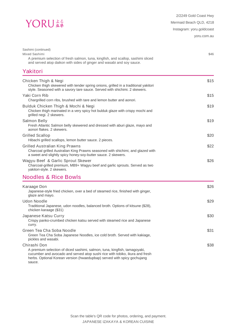 Menu, Yoru