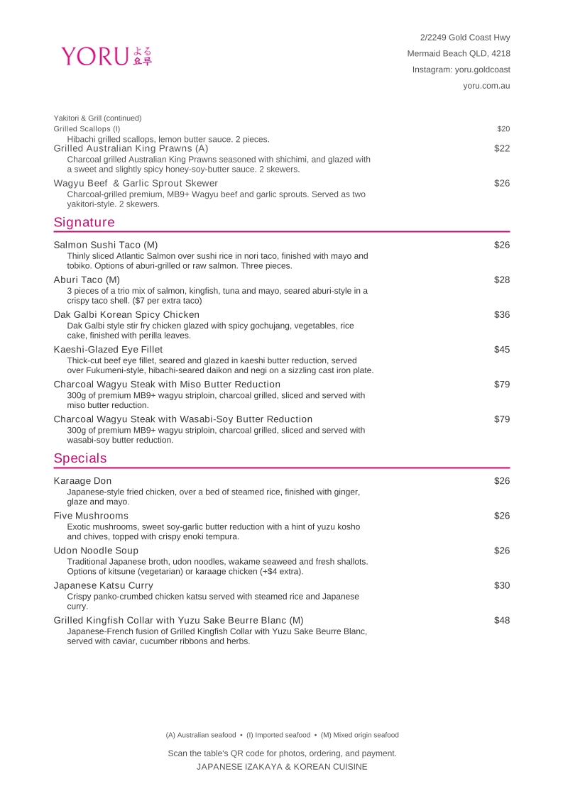 Menu, Yoru