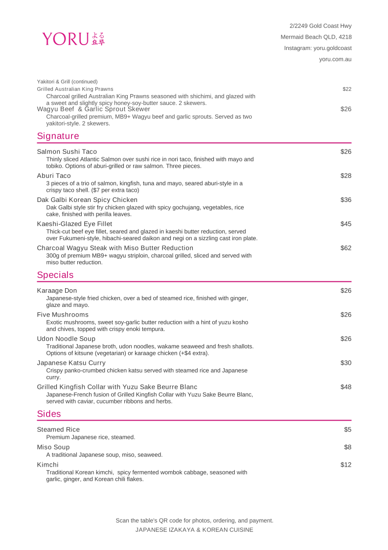 Menu, Yoru
