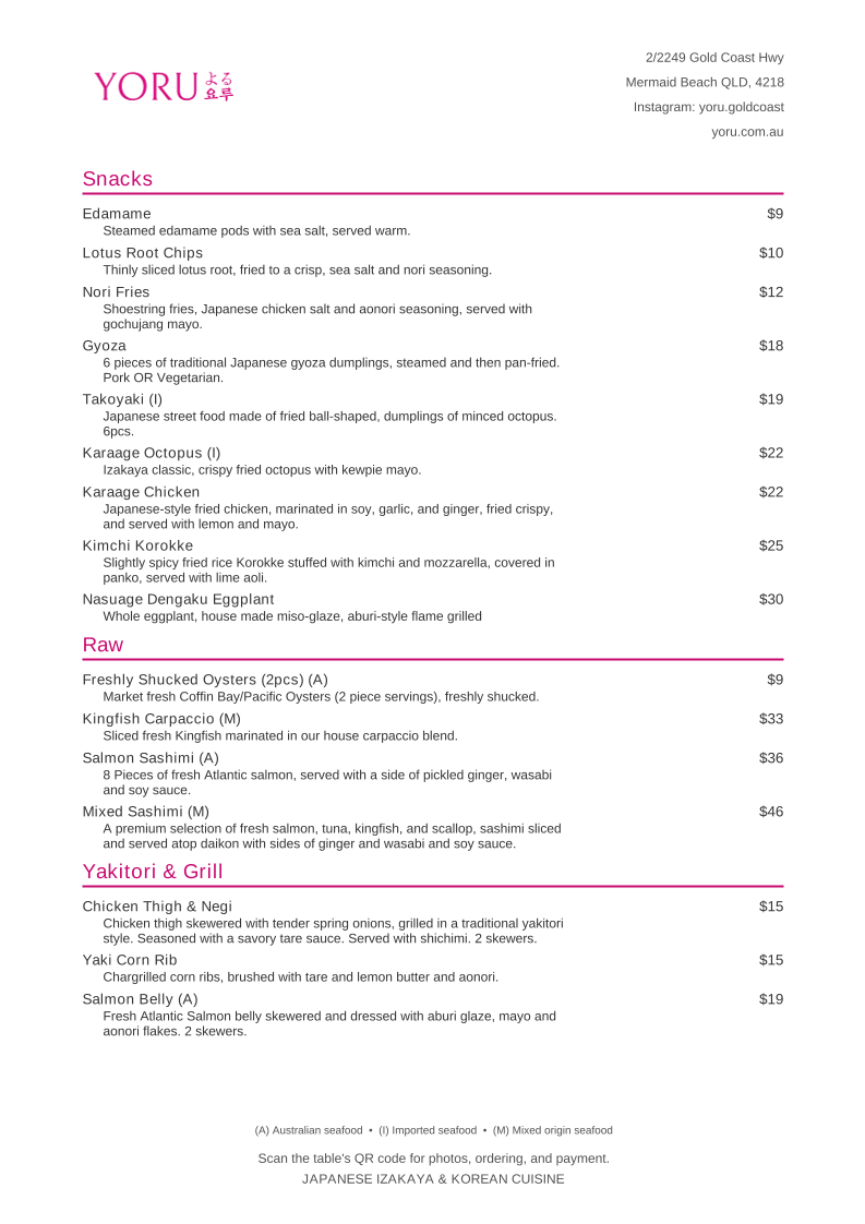 Menu, Yoru