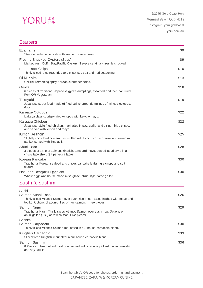 Menu, Yoru