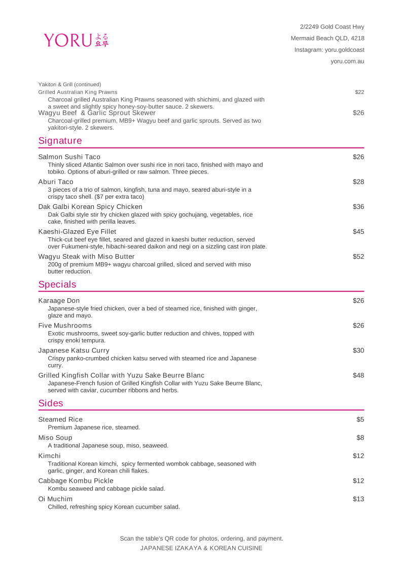 Menu, Yoru