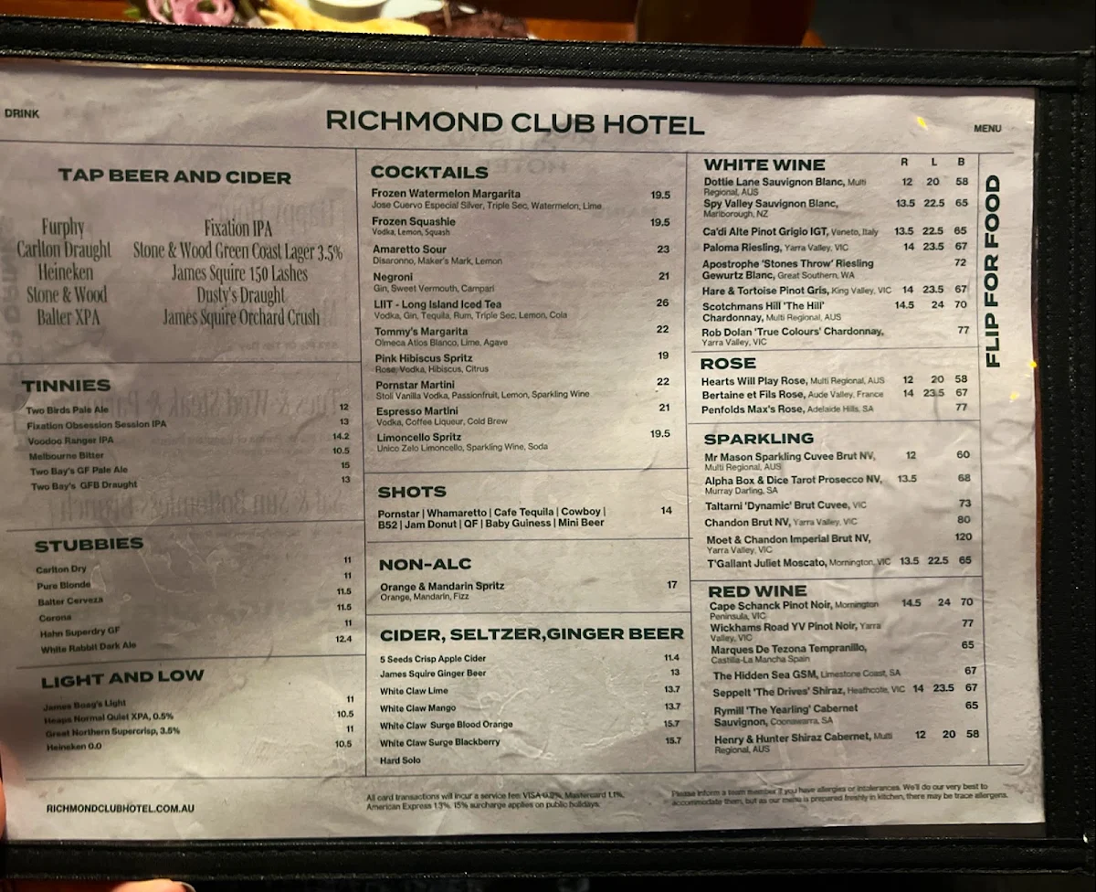Menu, Richmond Club Hotel