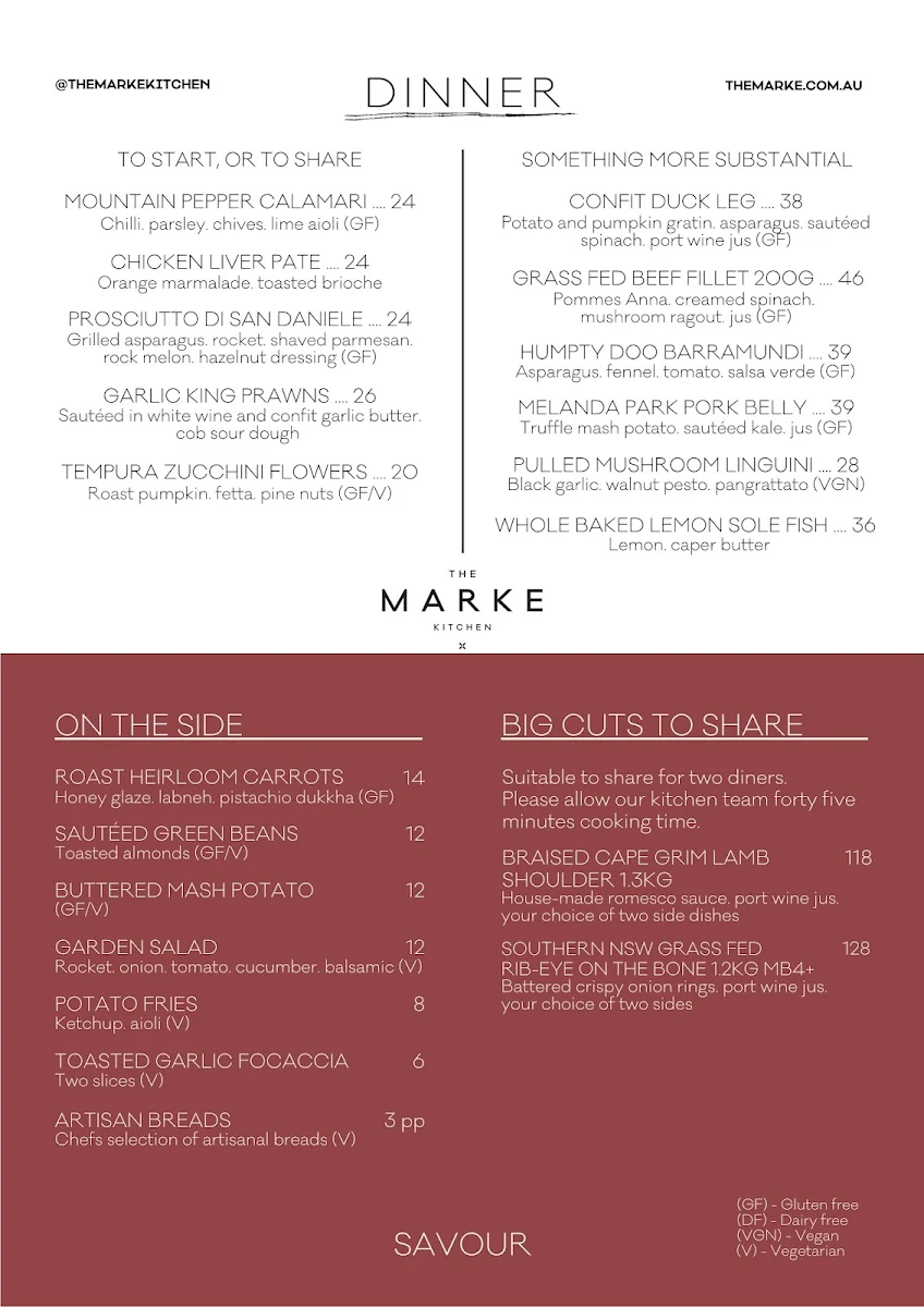 Menu, The Marke Kitchen & Bar