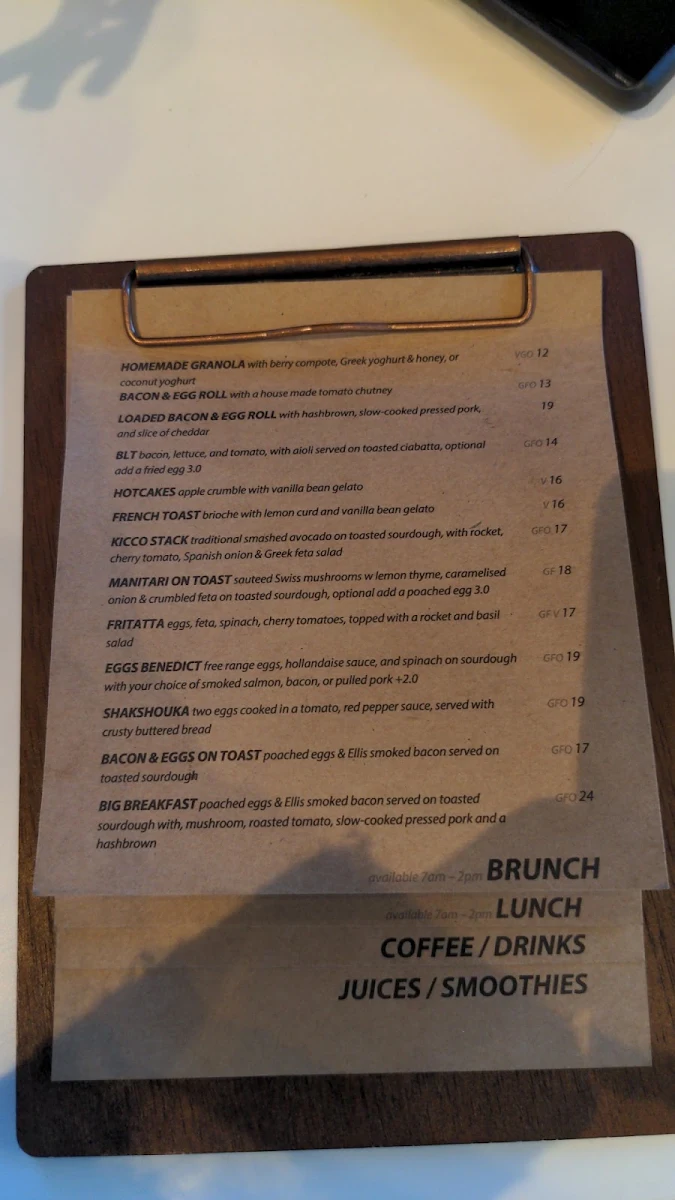Menu, Kicco Espresso - McLaren Vale