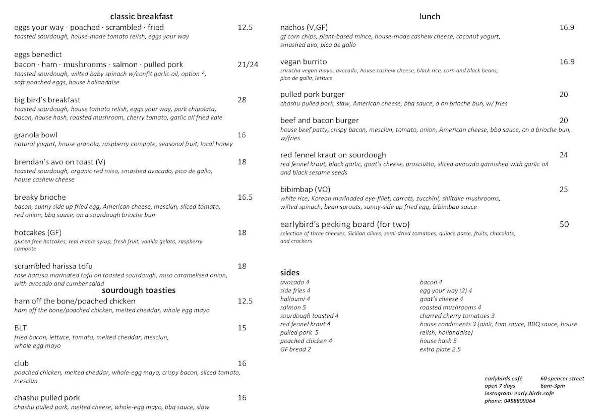 Menu, early birds cafe