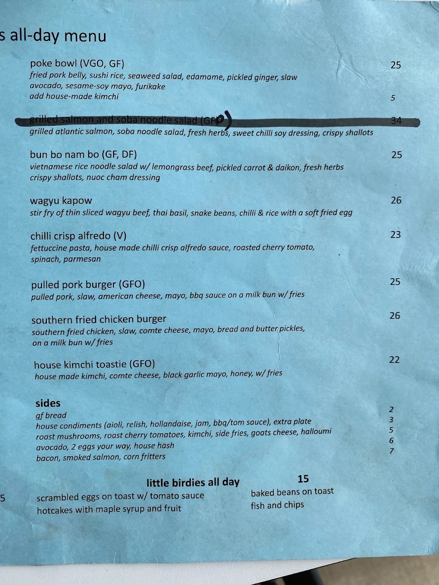 Menu, early birds cafe