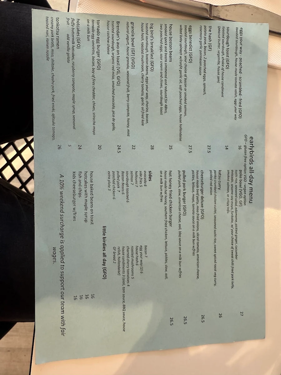 Menu, early birds cafe