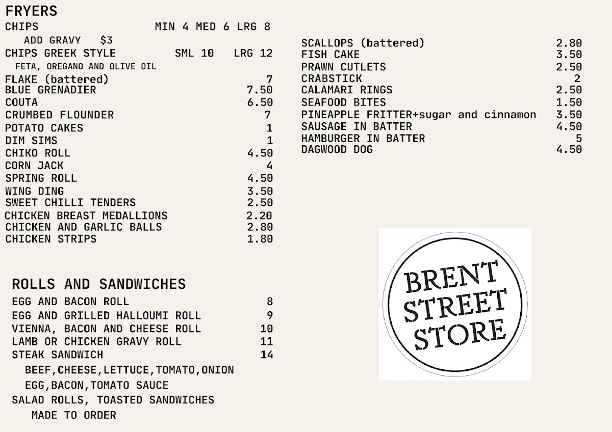 Menu, Brent Street Store