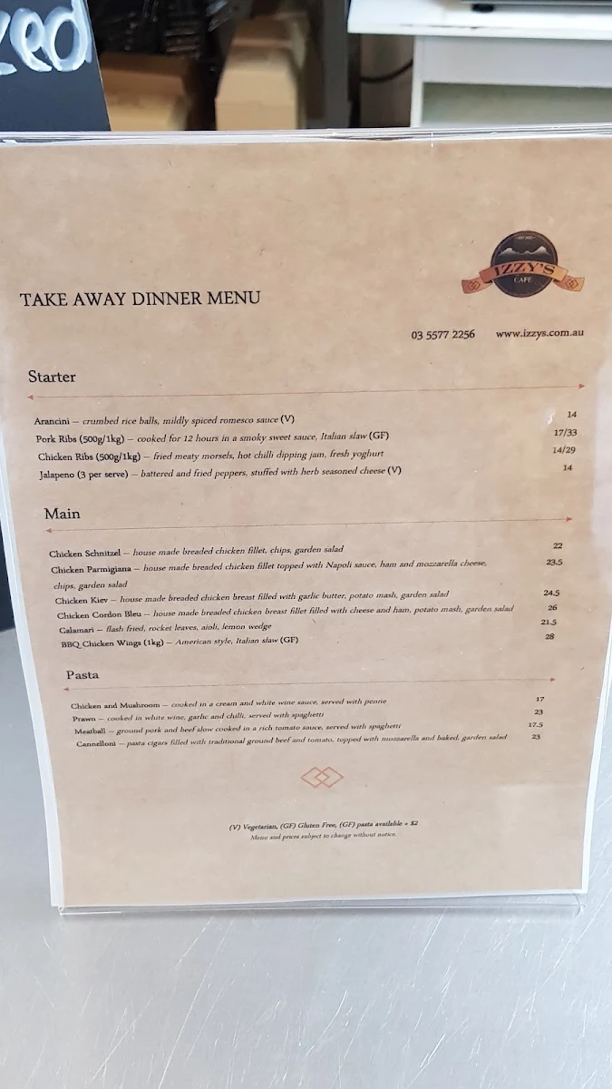 Menu, Izzy's Cafe