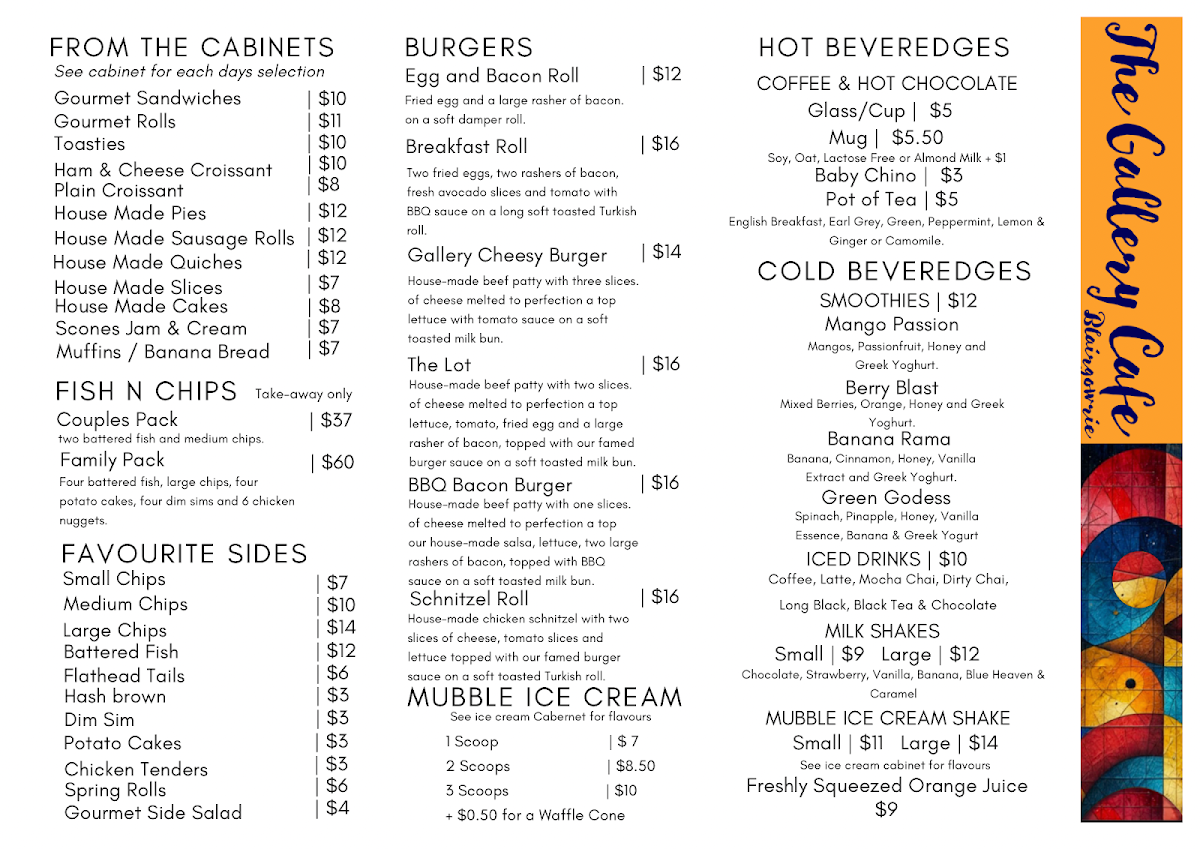 Menu, The Gallery Cafe Blairgowrie