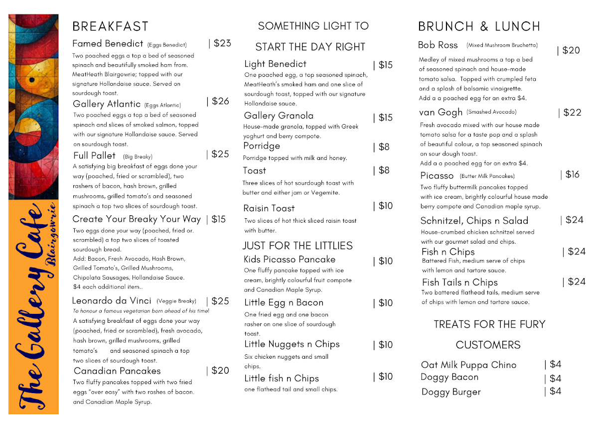 Menu, The Gallery Cafe Blairgowrie