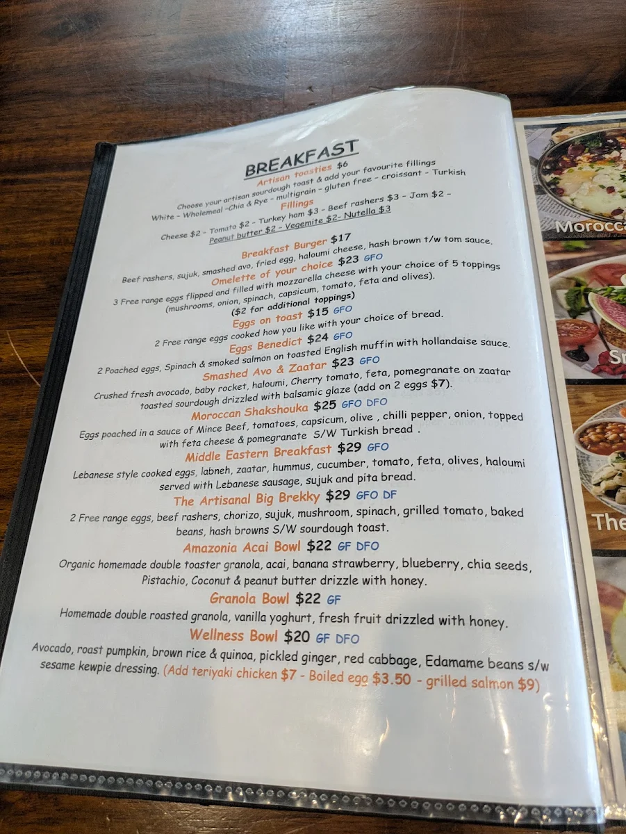 Menu, The Artisanal Cafe