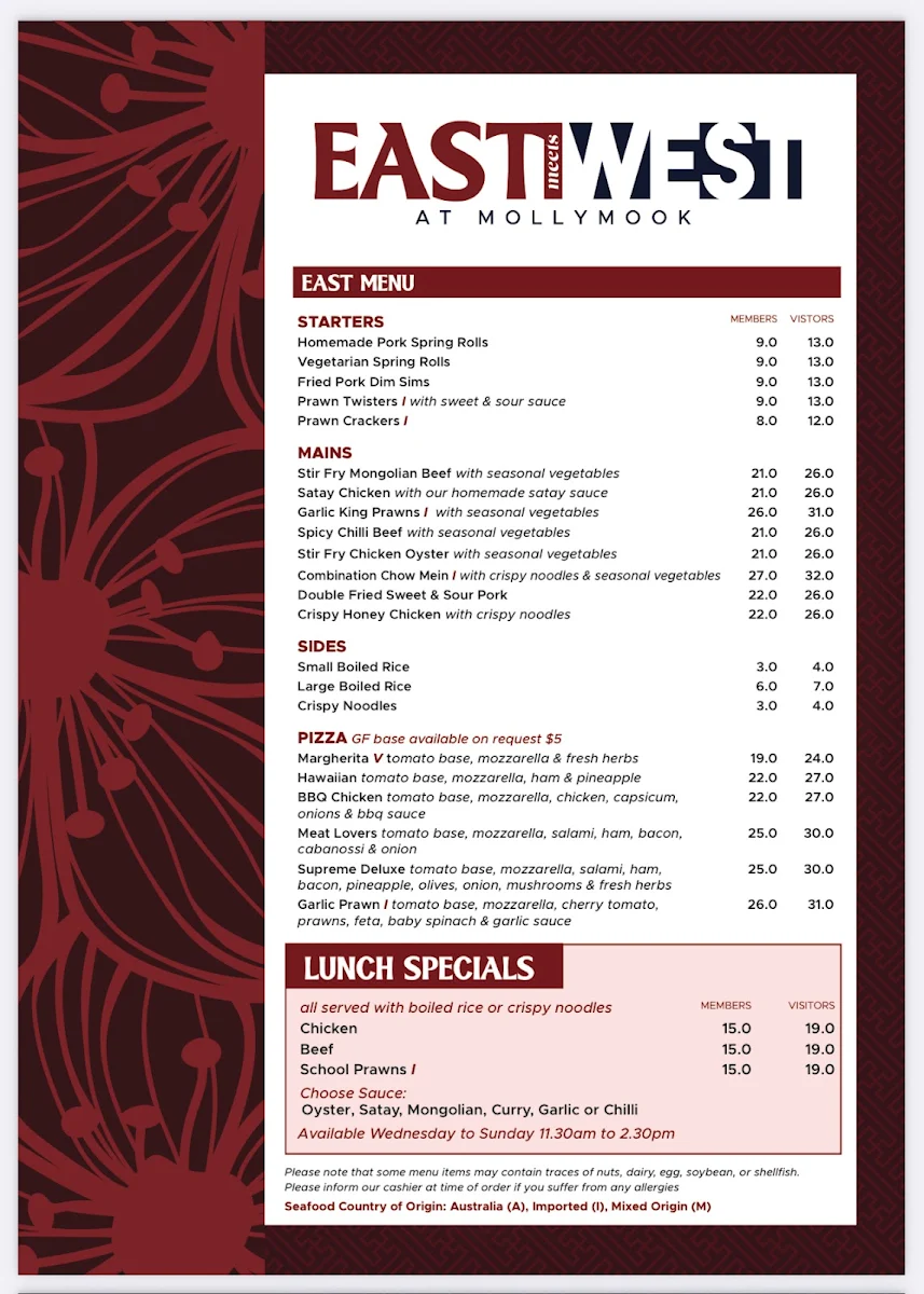 Menu, East Meets West at Mollymook