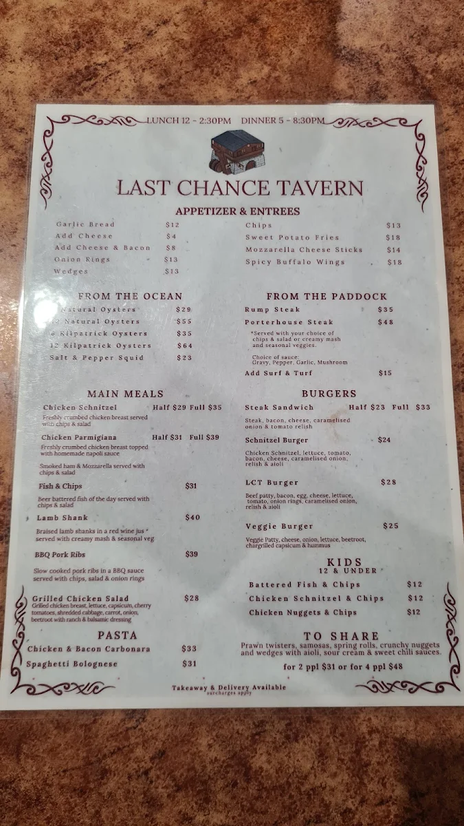 Menu, Last Chance Tavern