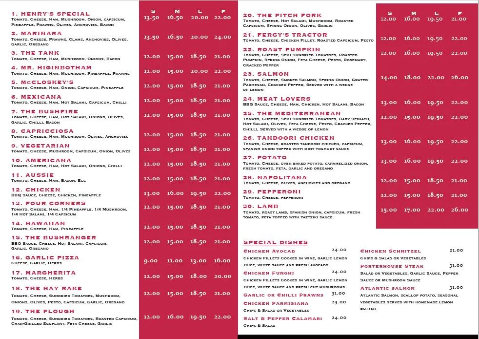 Menu, Henry Hursts Pizza and Pasta Restaurant