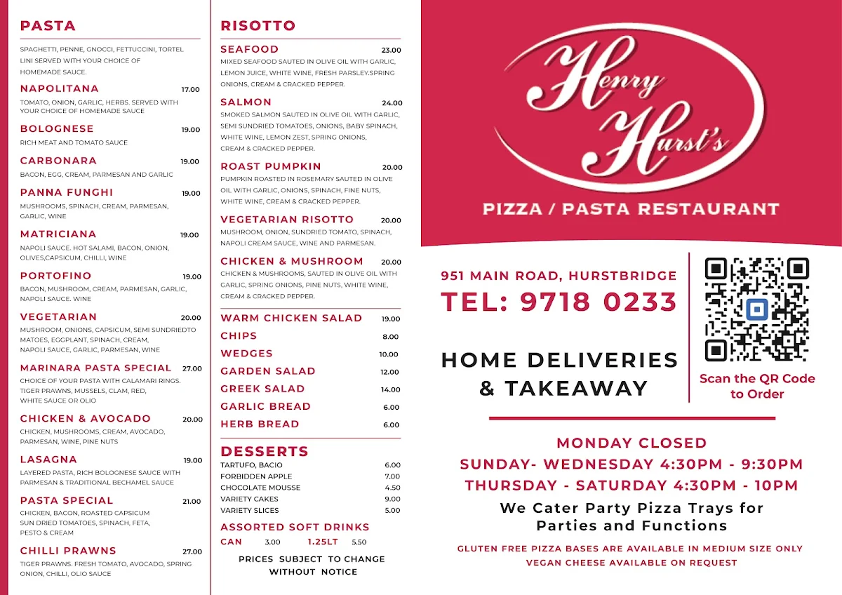 Menu, Henry Hursts Pizza and Pasta Restaurant