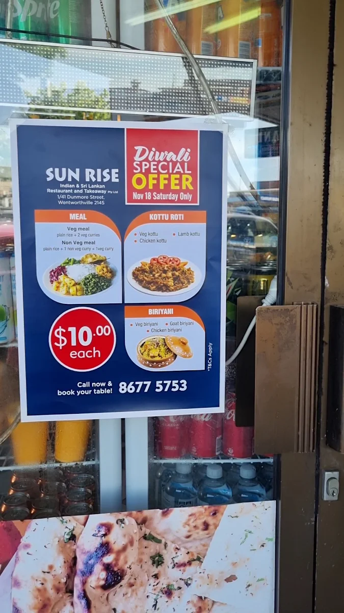 Menu, Sun Rise Indian & Srilankan Restaurant & Takeaway pty ltd