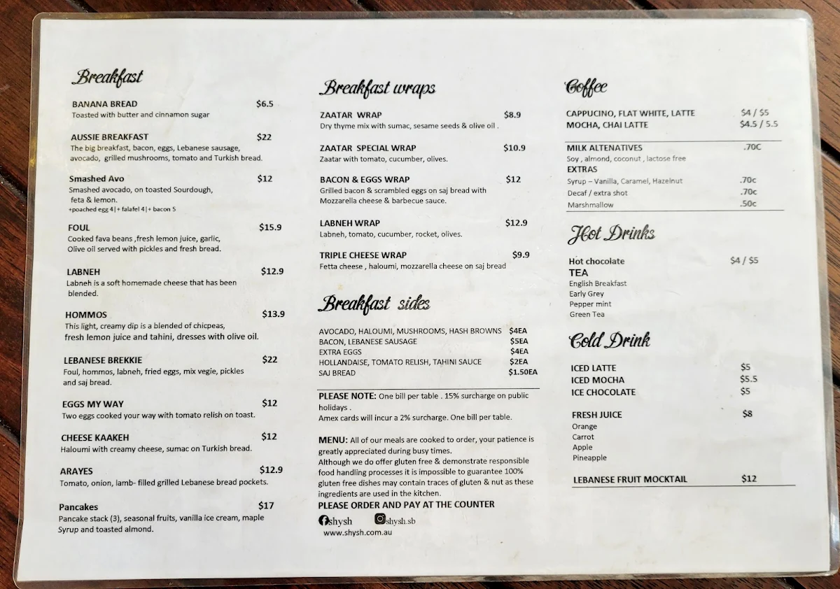Menu, shysh