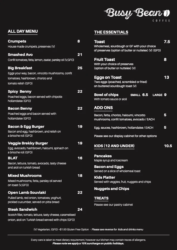 Menu, Busy Bean Coffee Echuca West Cafe