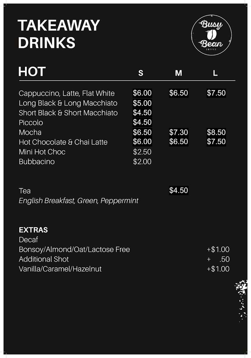 Menu, Busy Bean Coffee Echuca West Cafe