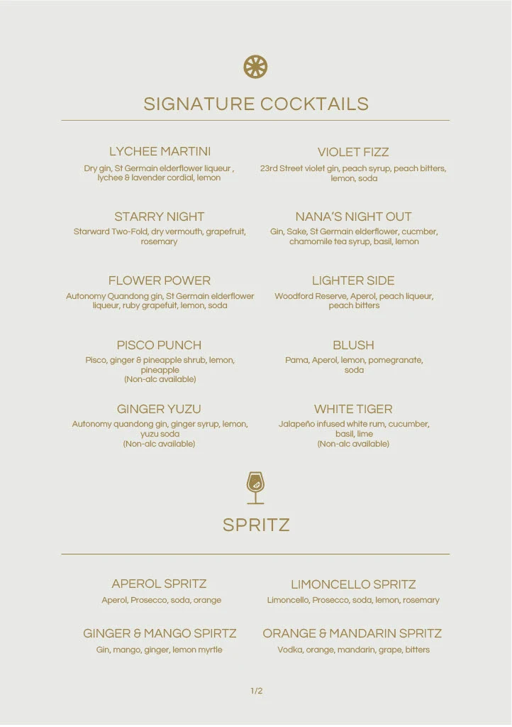 Menu, The Cocktail Cart