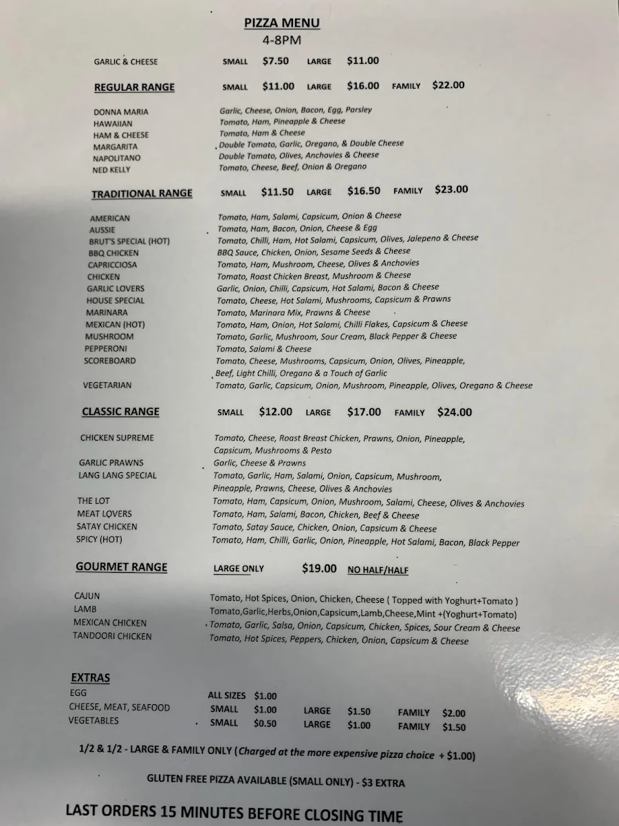 Menu, Lang Lang Fish Chips & Pizza