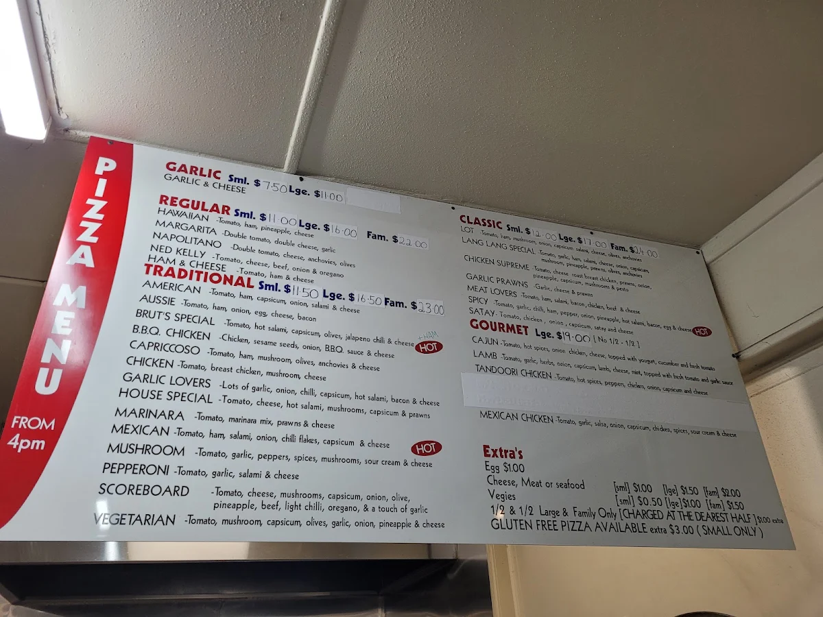 Menu, Lang Lang Fish Chips & Pizza