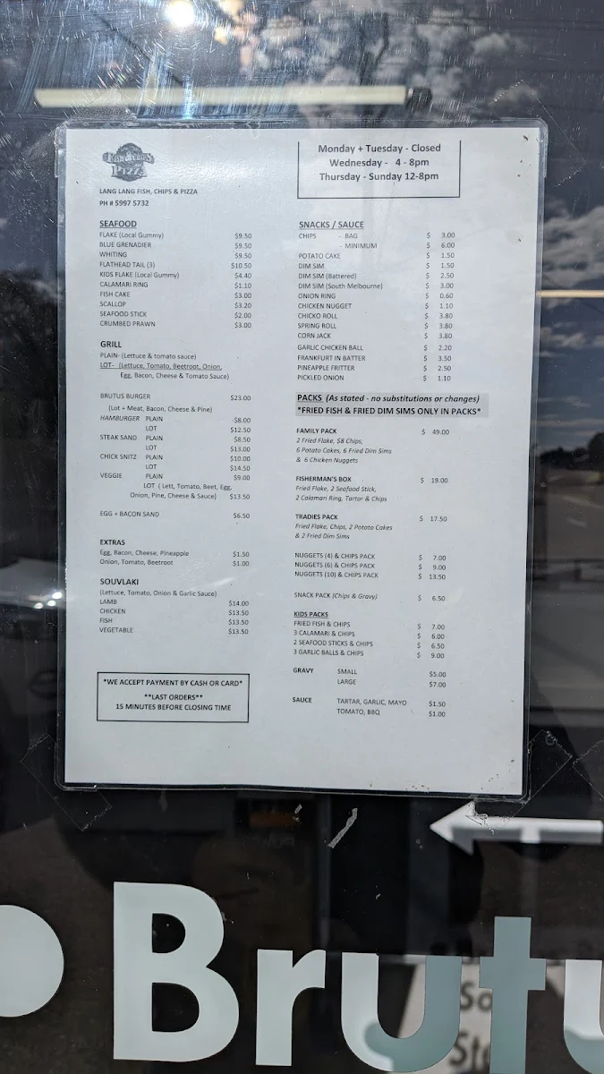 Menu, Lang Lang Fish Chips & Pizza