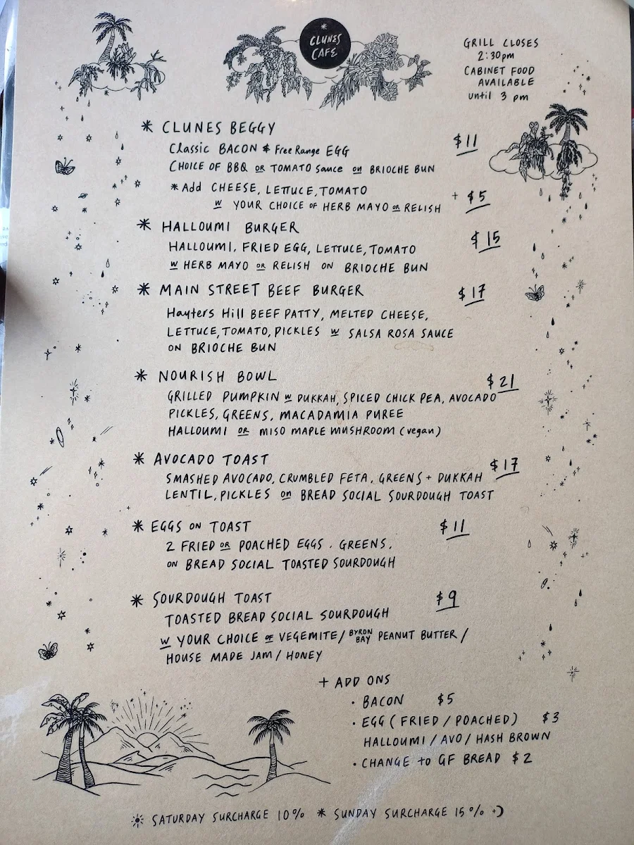 Menu, Clunes Cafe