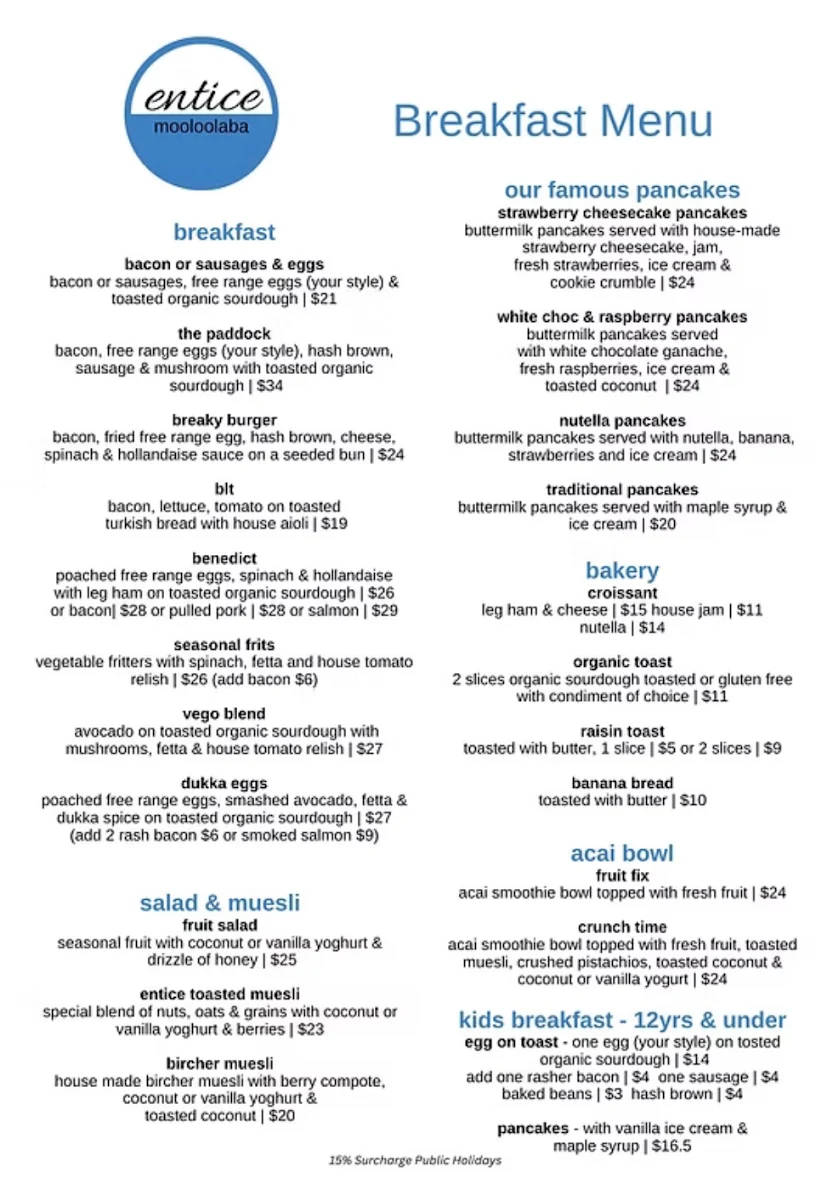 Menu, Entice Food & Wine