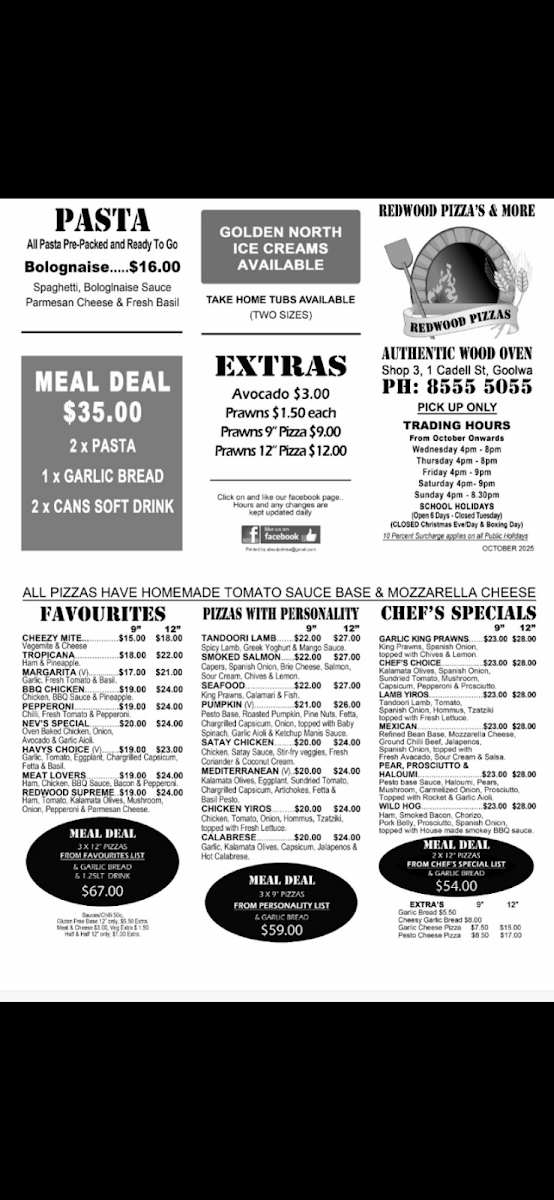 Menu, Redwood Wood Fired Pizzas & More