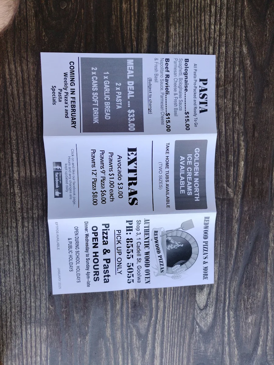 Menu, Redwood Wood Fired Pizzas & More