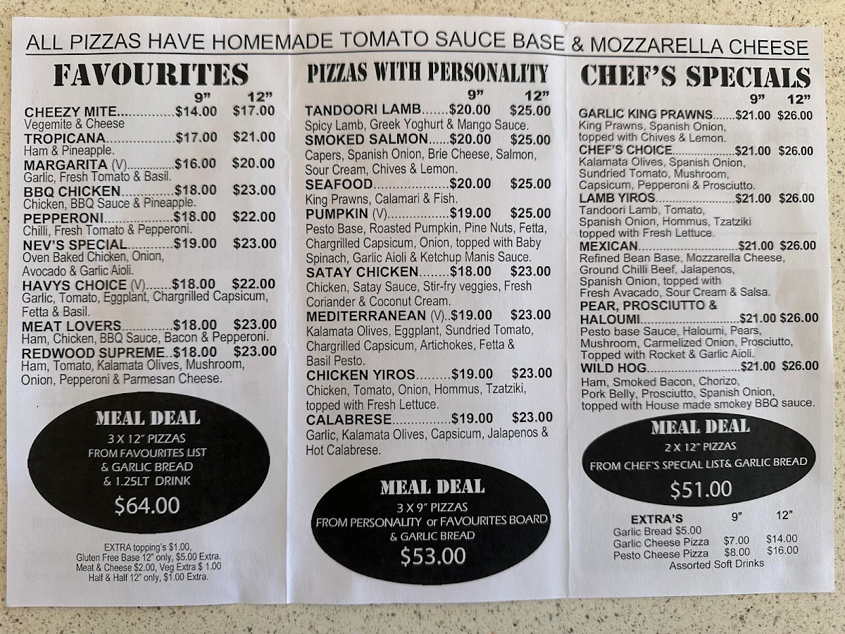 Menu, Redwood Wood Fired Pizzas & More