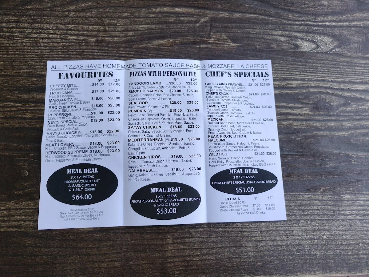 Menu, Redwood Wood Fired Pizzas & More
