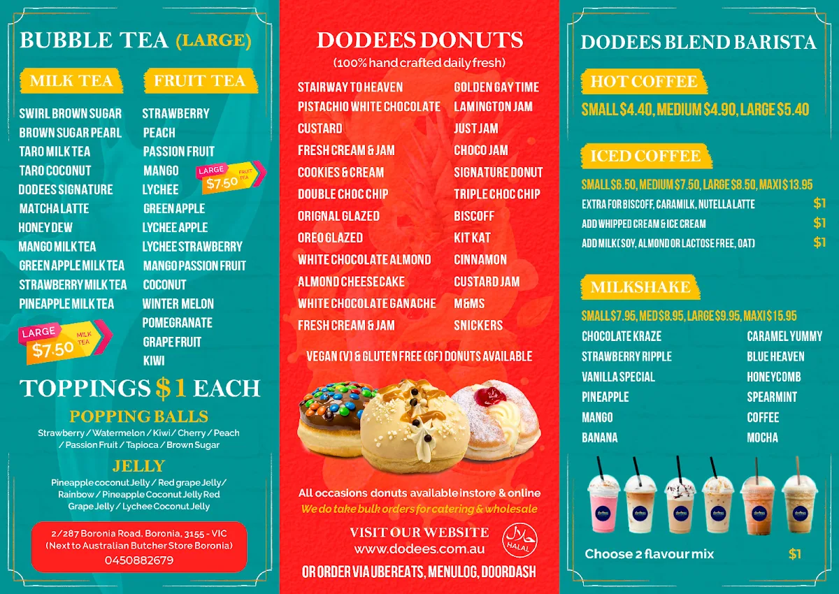 Menu, Dodees Cafe & Donuts