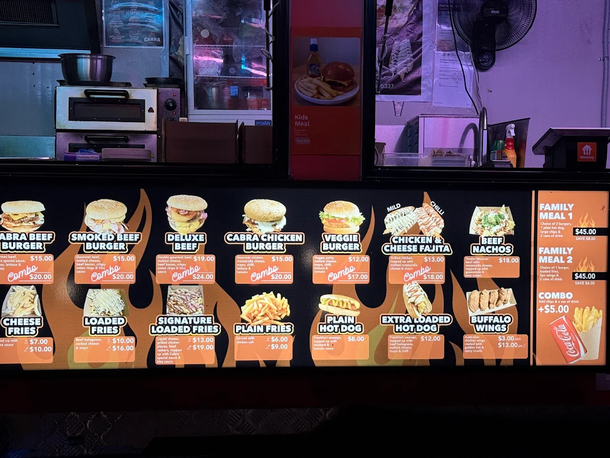 Menu, Cabra Street Food & Burgers