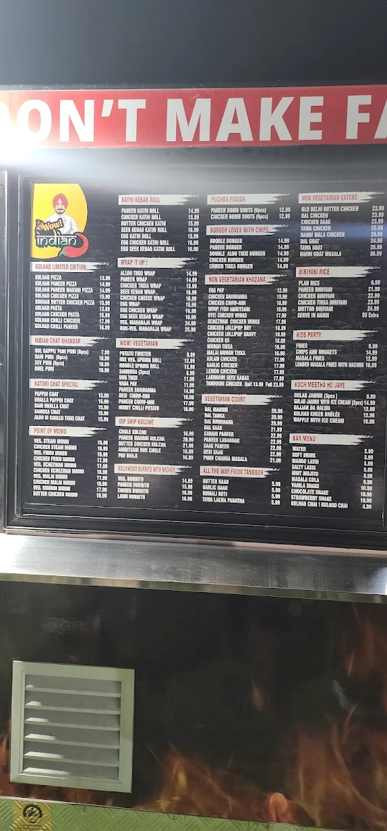Menu, WOW! Indian