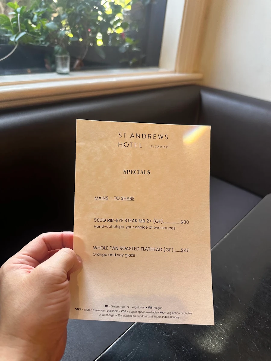 Menu, St Andrews Hotel - Fitzroy