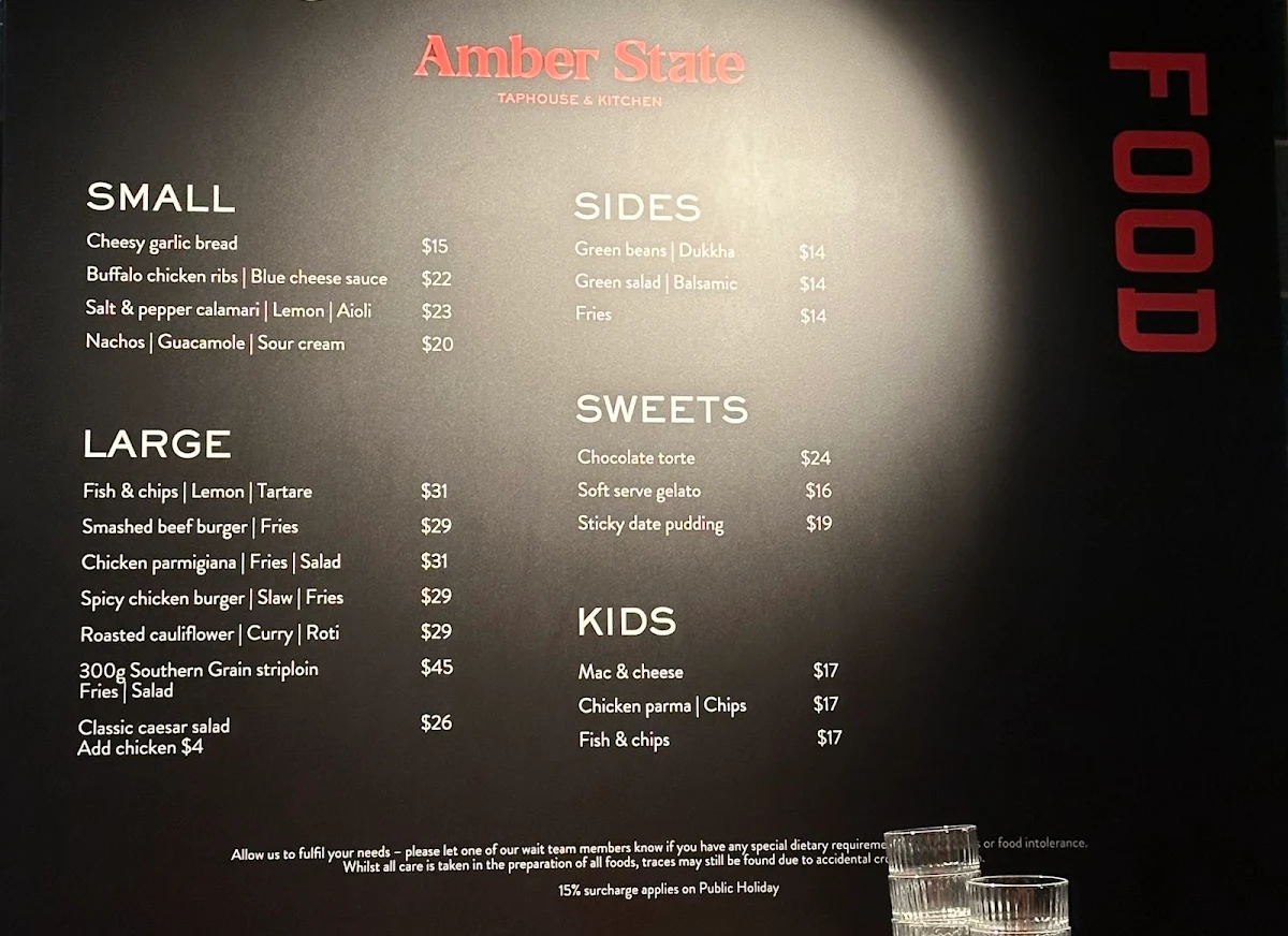 Menu, Amber State Taphouse & Kitchen