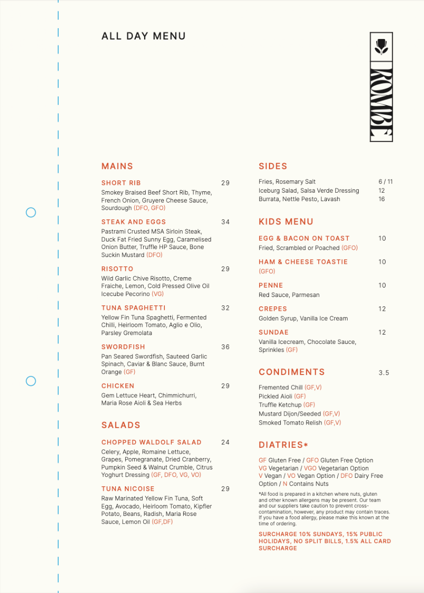 Menu, Rombe Rooftop